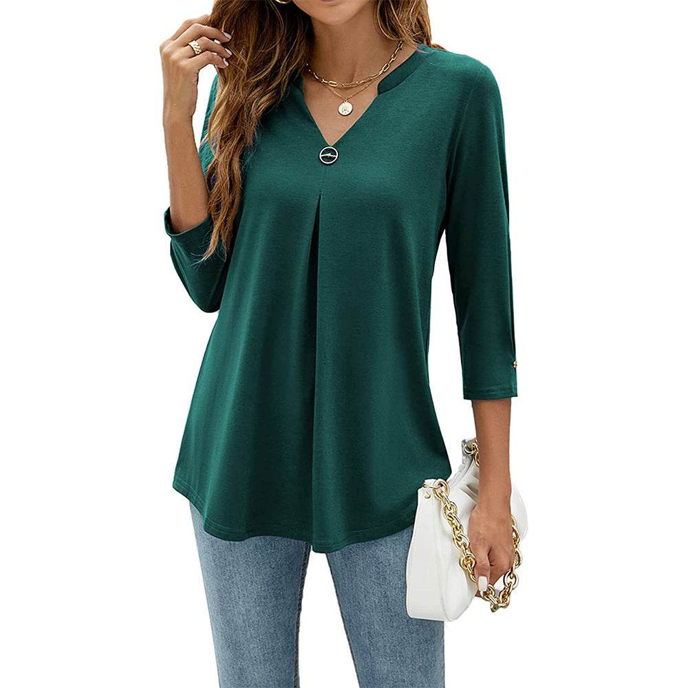 Women's V-neck Clinch Pleated T-shirt Top - MYLUXURY LANE ENTERPRISE