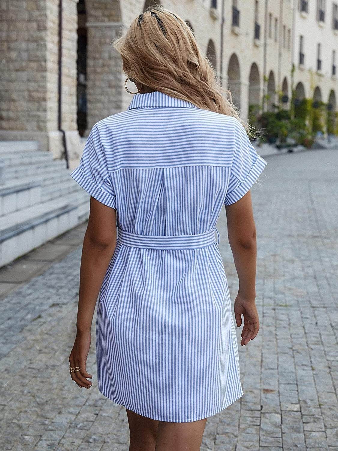 New Casual Striped Short Sleeve Button Down Belt Shirt Dress - MYLUXURY LANE ENTERPRISE