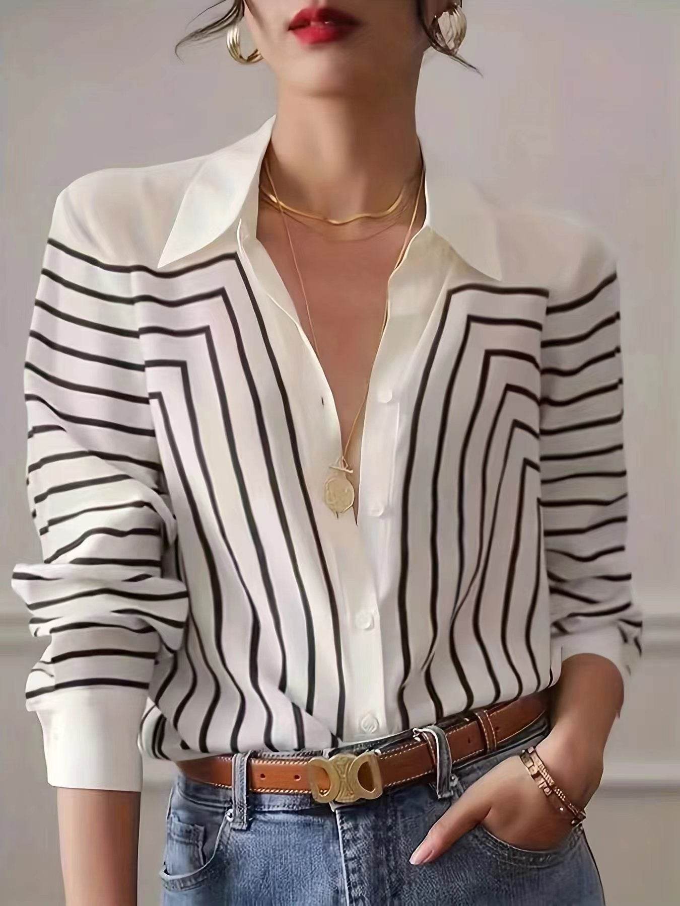 Autumn Striped Shirt Women's Long Sleeve Loose Silk Top - MYLUXURY LANE ENTERPRISE