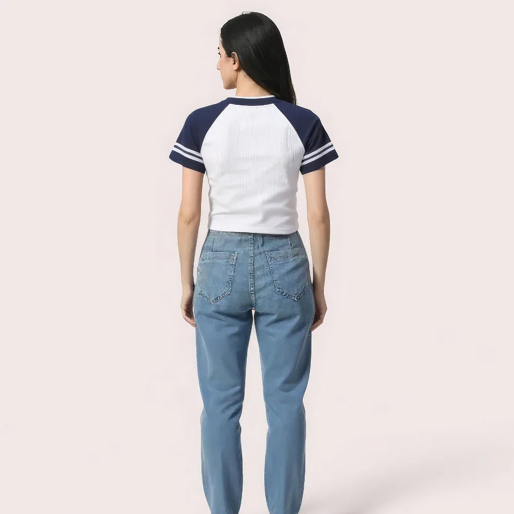 "Brooklyn 76" Varsity Crop Top – Navy & White - MYLUXURY LANE ENTERPRISE