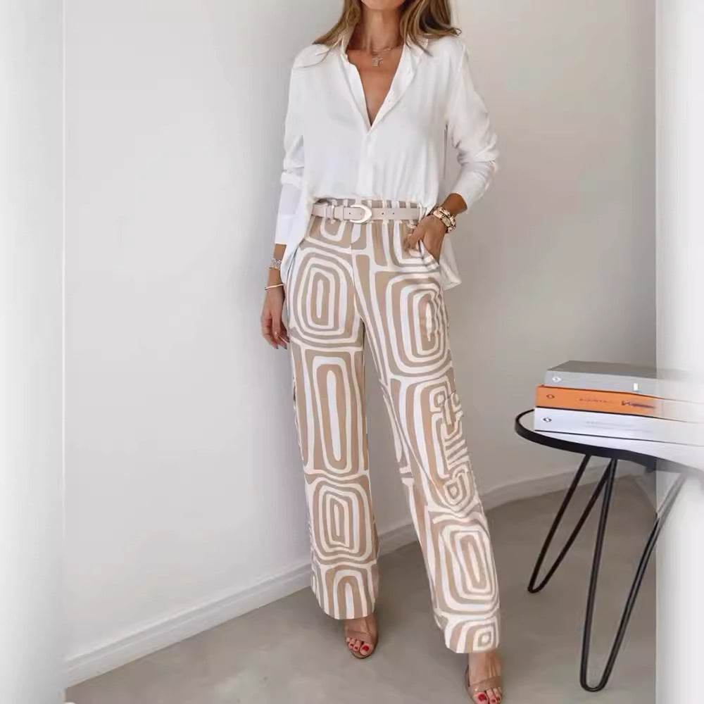 Women's Casual Long-sleeved Lapel Shirt Printed Wide-leg Pants Suit - MYLUXURY LANE ENTERPRISE