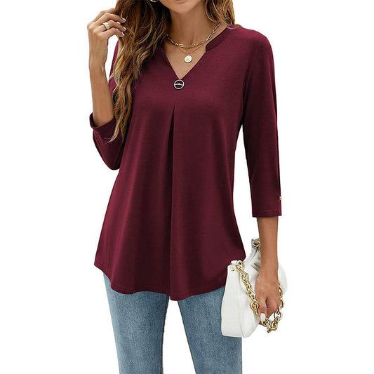 Women's V-neck Clinch Pleated T-shirt Top - MYLUXURY LANE ENTERPRISE
