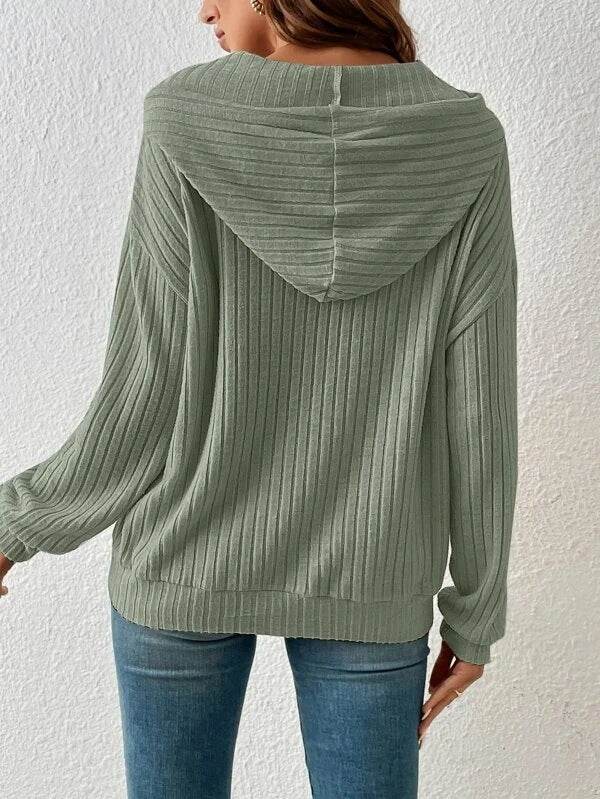 Fashion Drawstring Long-sleeved Hooded Sweatshirt With Pockets Solid Sunken Stripe Hoodie Knitwear Womens Clothing - MYLUXURY LANE ENTERPRISE