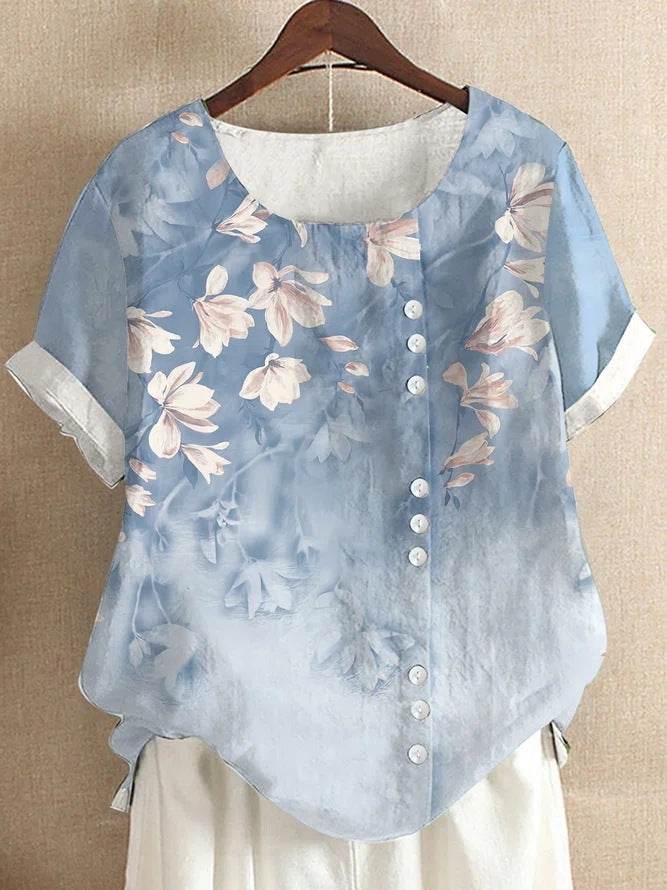 Retro Cotton And Linen Printed Loose Casual Shirt Short-sleeved T-shirt For Women - MYLUXURY LANE ENTERPRISE