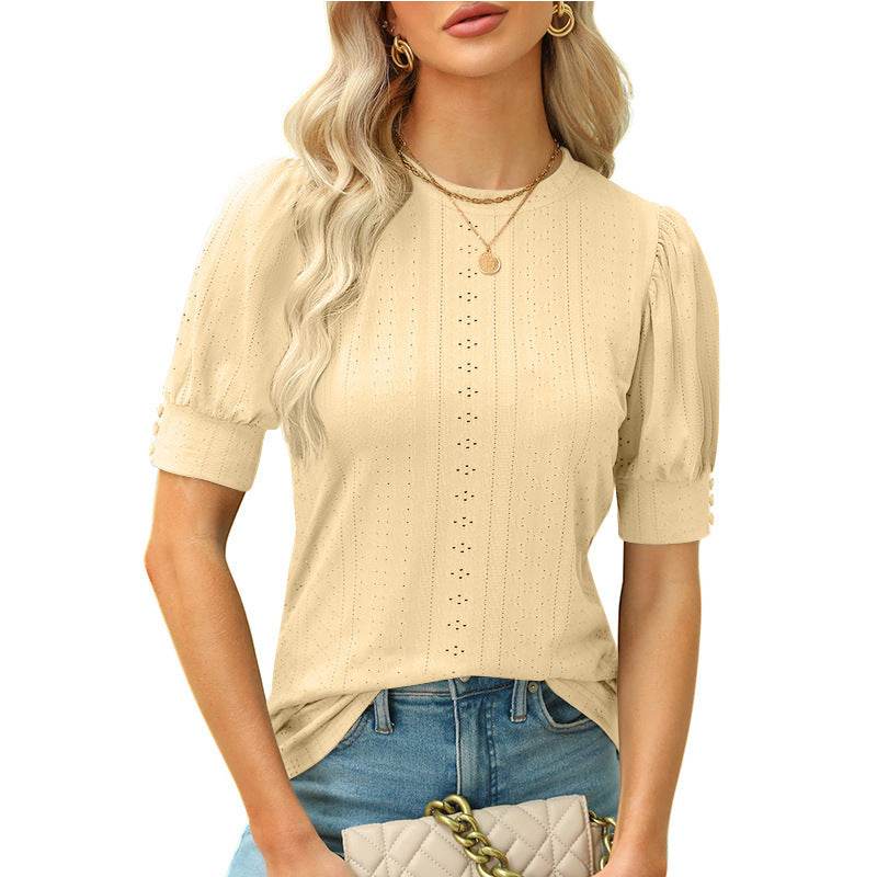 Summer Round Neck Hole Hollow-out Button Short-sleeved Casual Top - MYLUXURY LANE ENTERPRISE