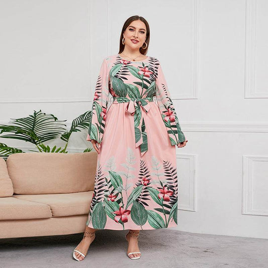 Long Sleeve Flower Wide Hem Printed Dress - MYLUXURY LANE ENTERPRISE