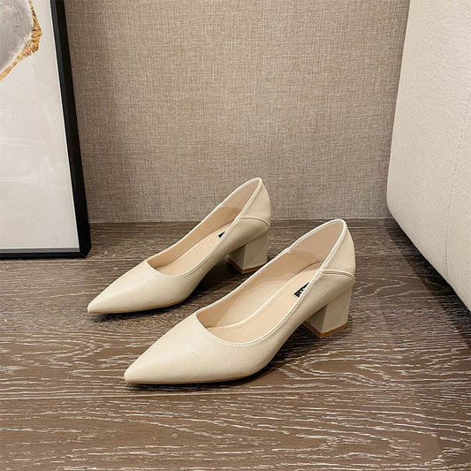 Pointed Toe Thick Heel Shallow Mouth High Heels Soft Leather - MYLUXURY LANE ENTERPRISE
