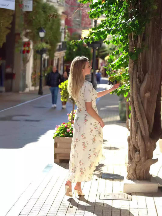 French Sexy Deep V Dress Gentle Small Floral Tight Waist Slimming Dress - MYLUXURY LANE ENTERPRISE