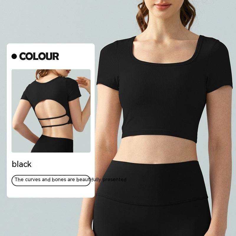 Women's Square Collar Backless Sports T-shirt With Chest Pad Running Fitness Top - MYLUXURY LANE ENTERPRISE