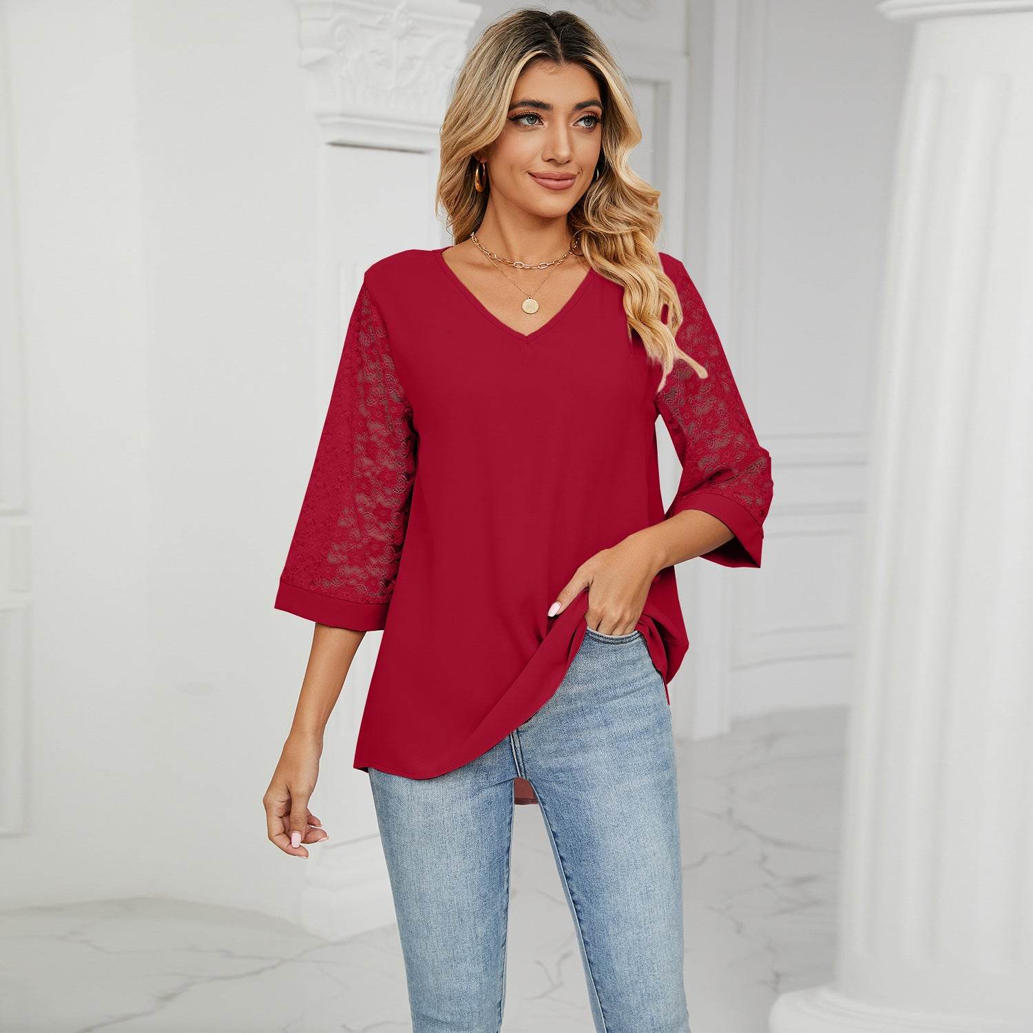 Loose V-neck Cropped Lace Bell Sleeve Patchwork Chiffon Bottoming Shirt - MYLUXURY LANE ENTERPRISE