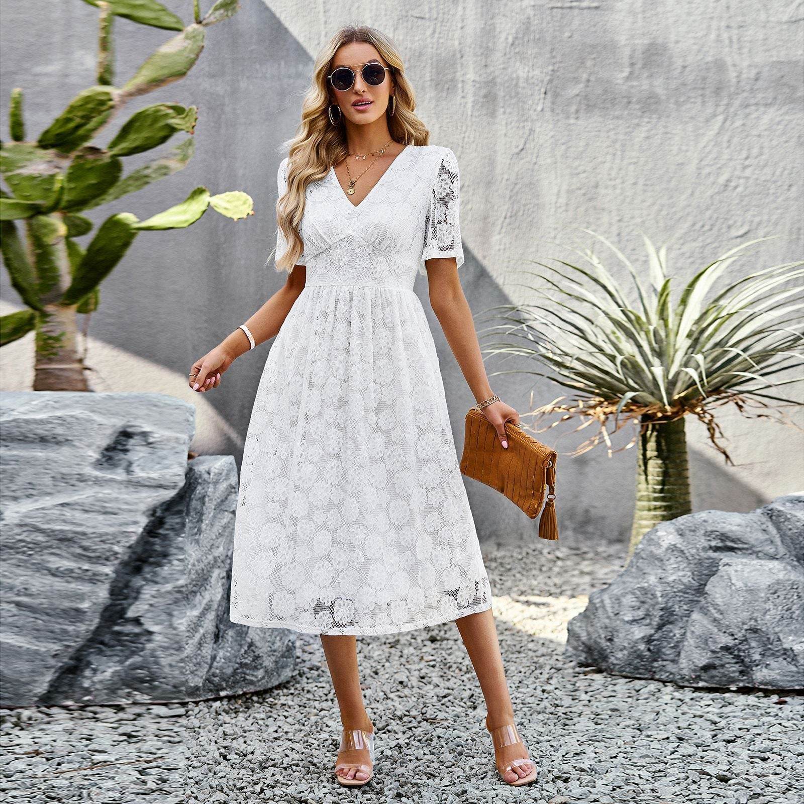 Fashion V-neck Lace Dress Summer Elegant Short Sleeve Long Dresses For Women - MYLUXURY LANE ENTERPRISE