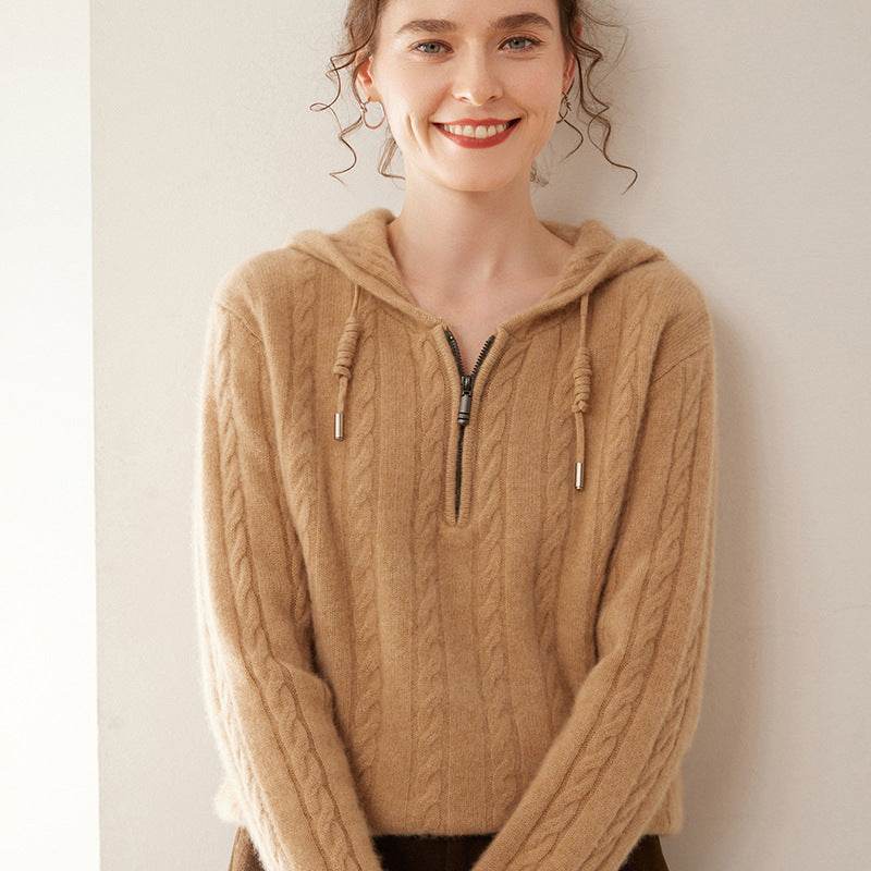 Cashmere Sweater Women's Hooded Twist Half-open Collar Sweater - MYLUXURY LANE ENTERPRISE