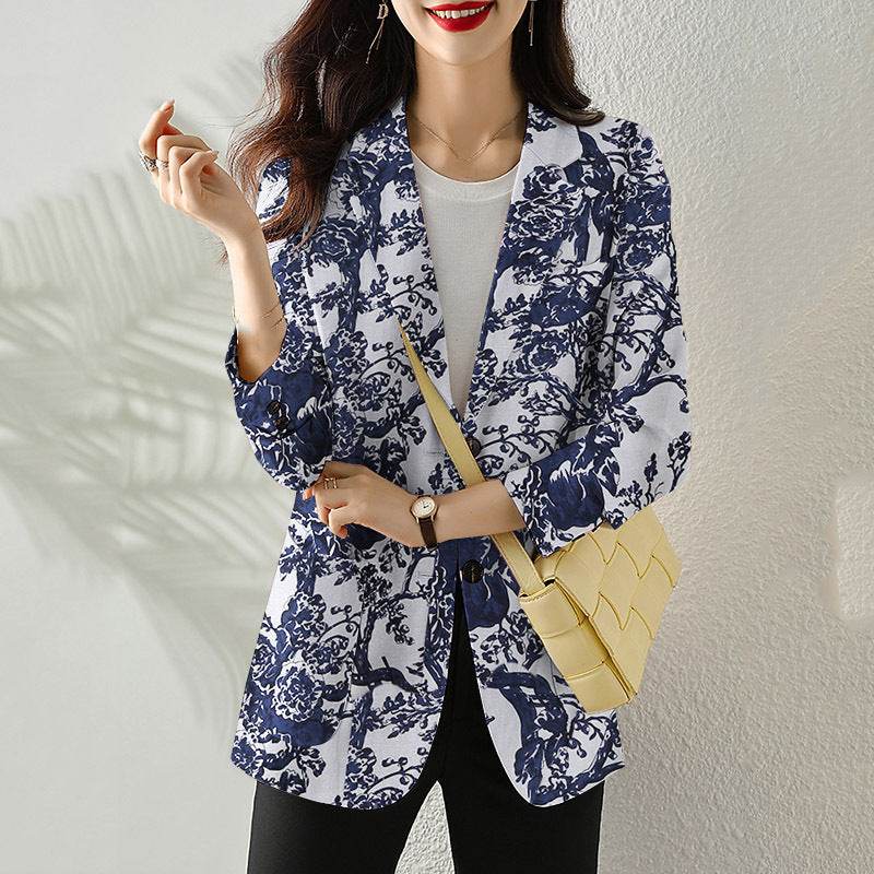 Women's Button Printed Long-sleeved Pocket Vintage Cotton And Linen Blazer - MYLUXURY LANE ENTERPRISE