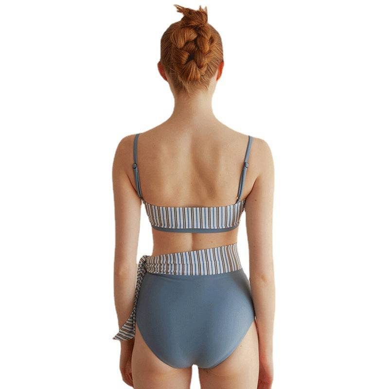 Split High Waist Swimsuit Contrast Color Striped Swimsuit - MYLUXURY LANE ENTERPRISE