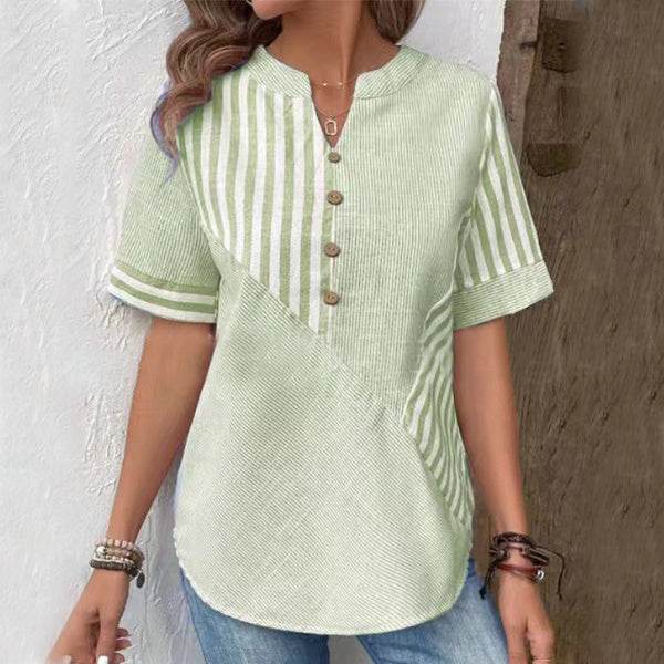 Summer V-neck Short-sleeved Shirt Blouse Fashion V-neck Asymmetric Stripes Patchwork Design Top Womens Clothing - MYLUXURY LANE ENTERPRISE