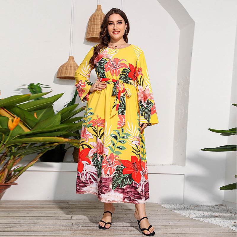Long Sleeve Flower Wide Hem Printed Dress - MYLUXURY LANE ENTERPRISE