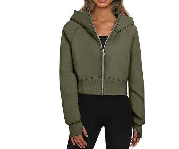Women's Hooded Zipper Short Velvet Long Sleeve Sweatshirt - MYLUXURY LANE ENTERPRISE