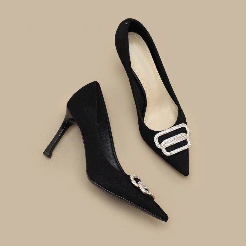 Soft Leather High Heels Female Career Stilettos Sense Rhinestone Shoes - MYLUXURY LANE ENTERPRISE
