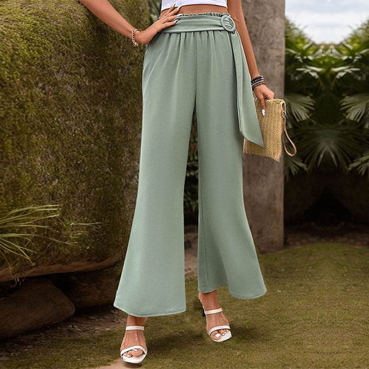 Casual Versatile Women's Green Wide Leg Pants With Belt - MYLUXURY LANE ENTERPRISE