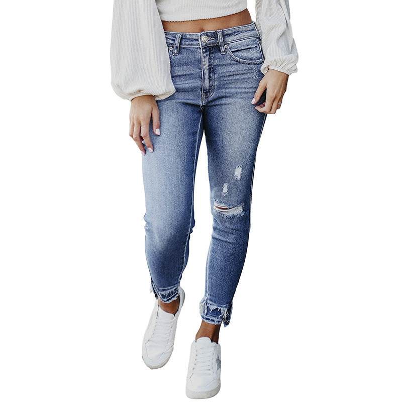 Shiying Spring Four Seasons Skinny Ripped Jeans Fashionable Frayed Hem Skinny Pants - MYLUXURY LANE ENTERPRISE