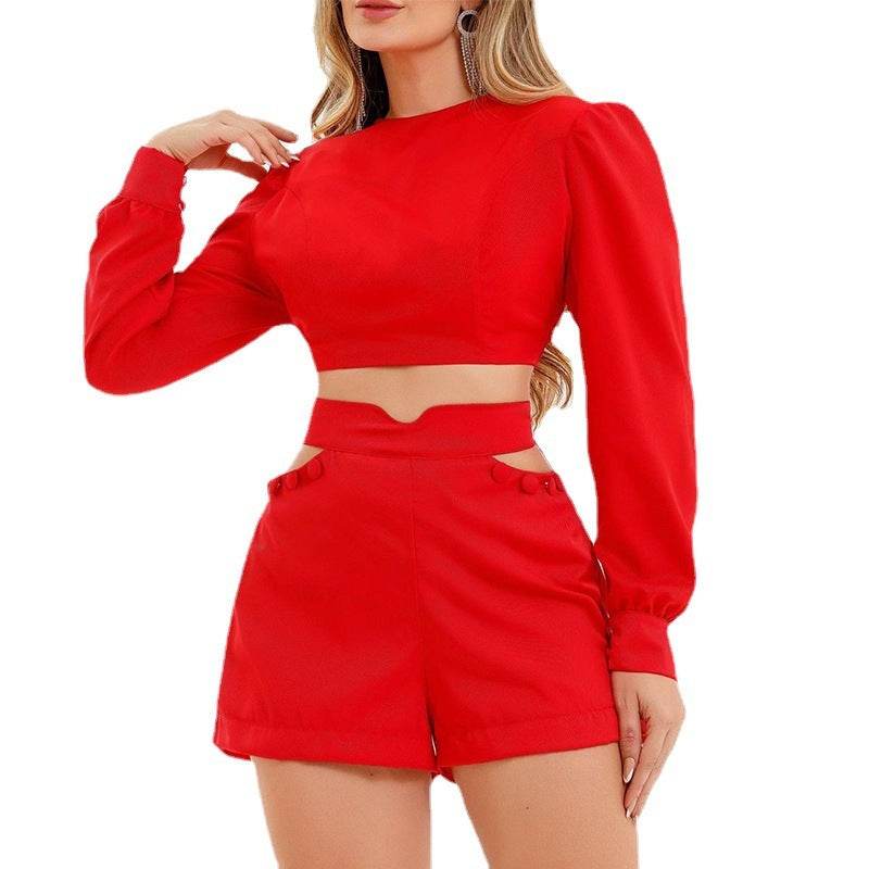 Women's Fashion Casual Short Long Sleeve Shirt Hollow High Waist Shorts Suit - MYLUXURY LANE ENTERPRISE