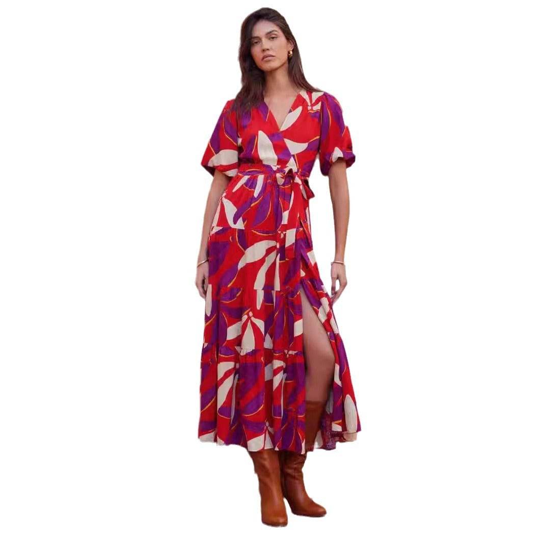 Summer New Casual V-neck Printing Mid-length Dress - MYLUXURY LANE ENTERPRISE
