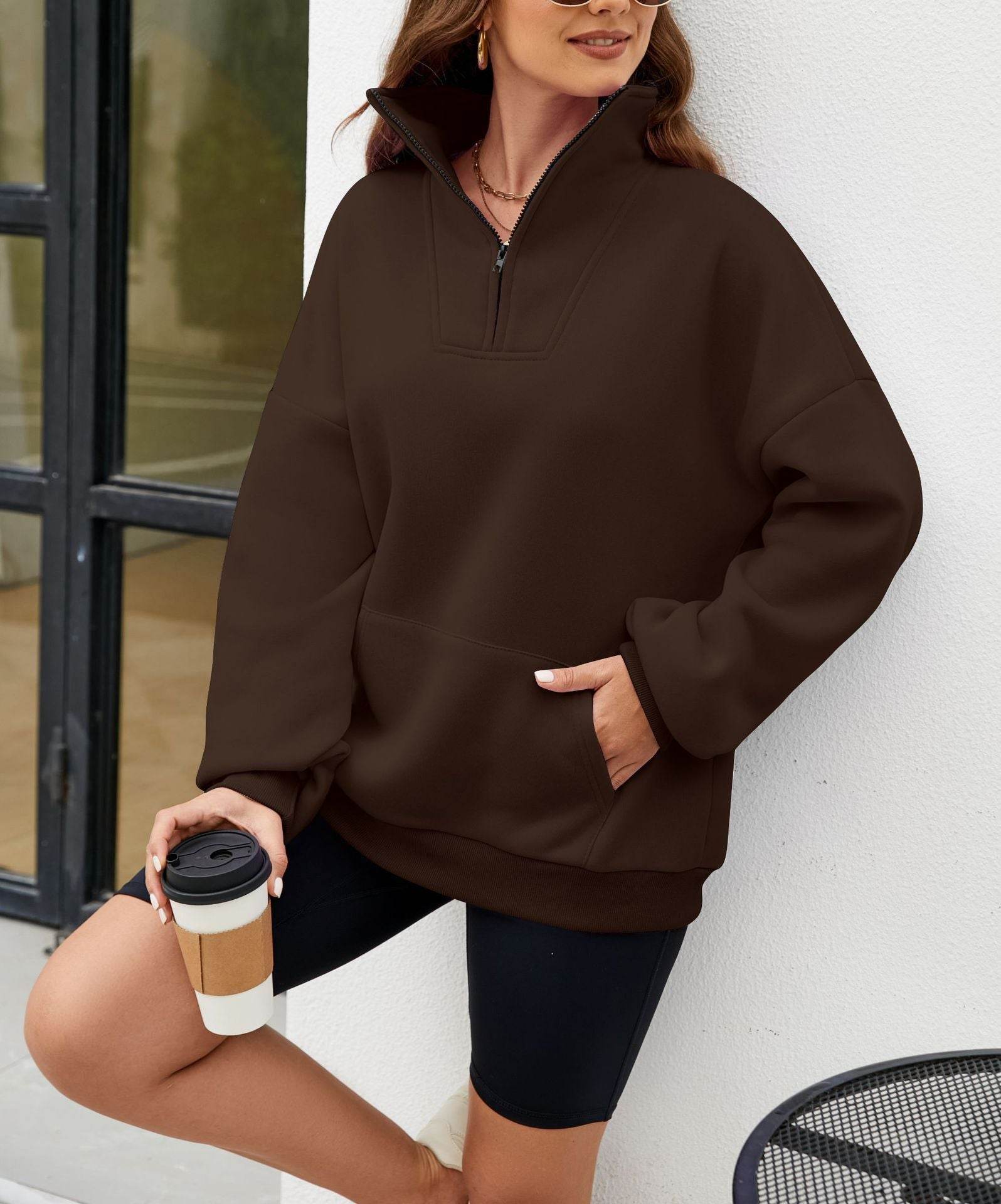 Y2K Solid Color Stand Collar With Pocket Zipper Sweatshirt Casual Sports Loose Top Women's Clothing - MYLUXURY LANE ENTERPRISE
