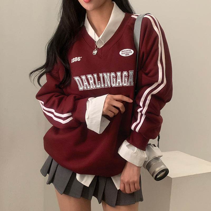 Women's Loose Casual Letter Printed Parallel Bars Contrast Color Coat - MYLUXURY LANE ENTERPRISE