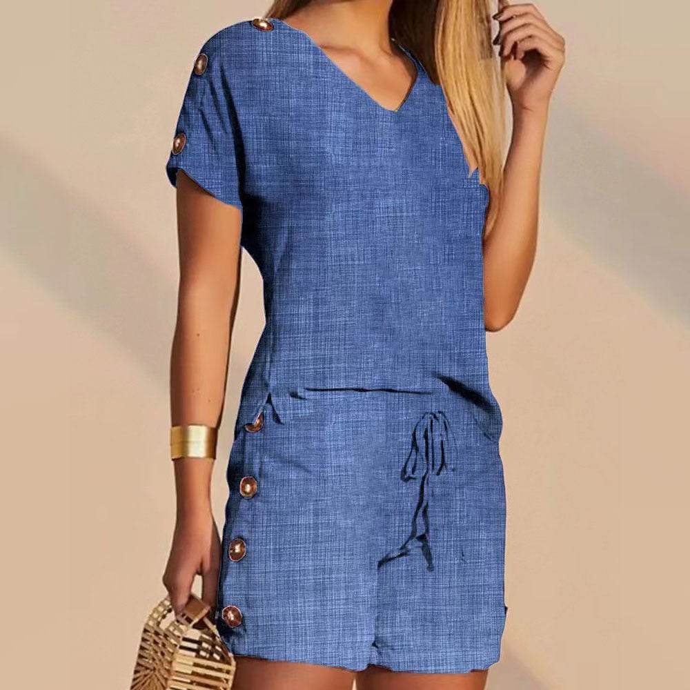 Comfortable Decorative Buttons Short-sleeved Shorts Suit - MYLUXURY LANE ENTERPRISE