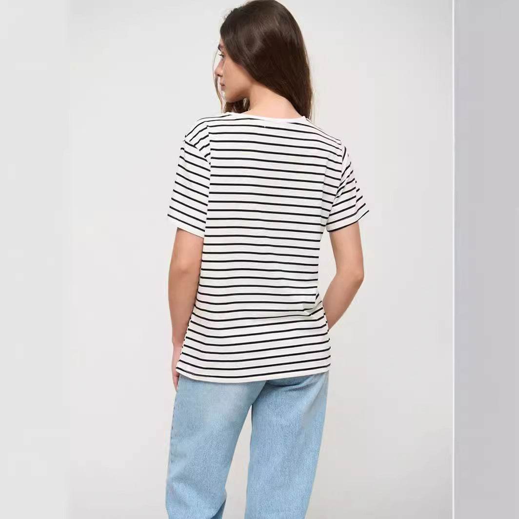 Striped T-shirt Women's Round Neck Black And White Stripes - MYLUXURY LANE ENTERPRISE