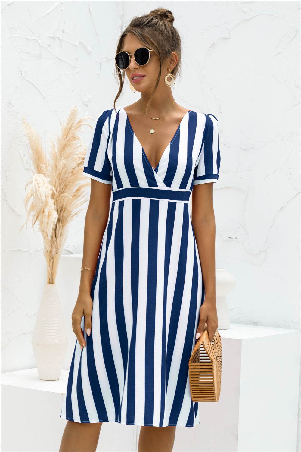 Printed V-neck Striped Short Sleeve Dress - MYLUXURY LANE ENTERPRISE