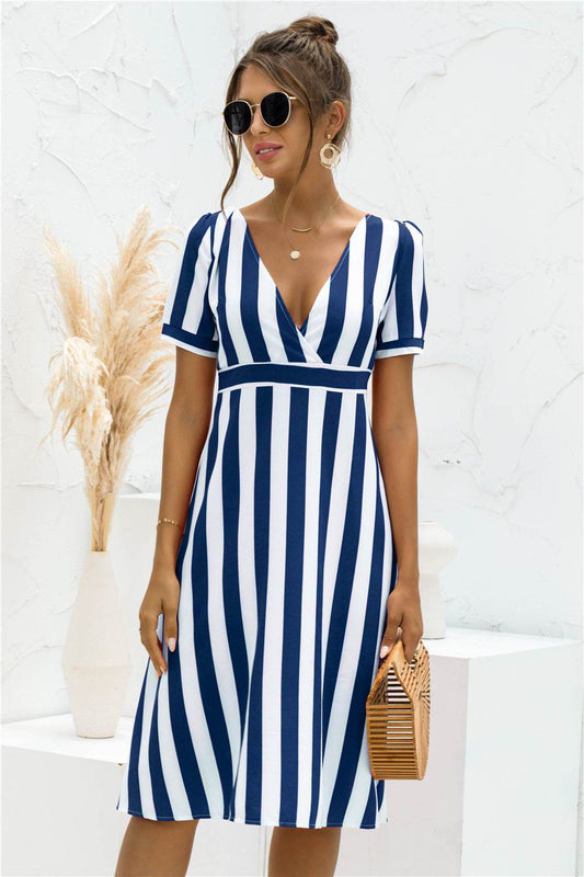 Printed V-neck Striped Short Sleeve Dress - MYLUXURY LANE ENTERPRISE