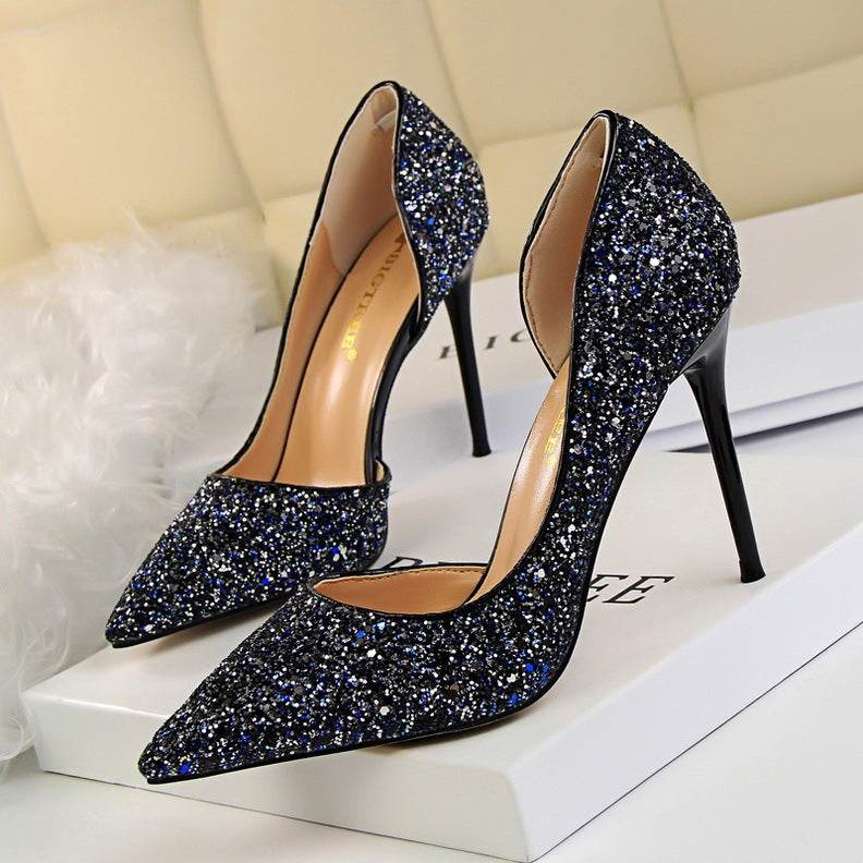 Skinny Women's Shoes Stiletto Heel Shallow Mouth Pointed Side Hollow-out Sequin - MYLUXURY LANE ENTERPRISE