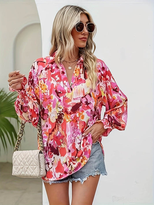 Casual V-neck Lantern Long Sleeve Printed Top Shirt - MYLUXURY LANE ENTERPRISE