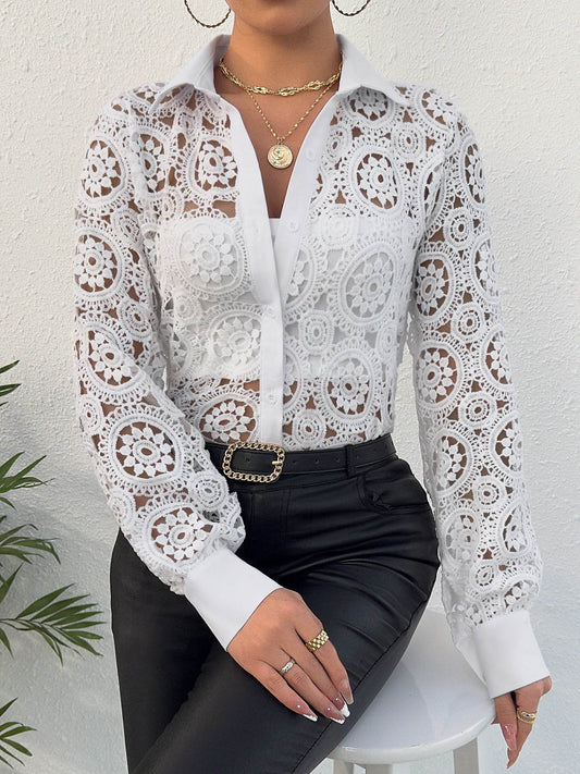 New Long Sleeve Lace V-neck Women's Shirt - MYLUXURY LANE ENTERPRISE