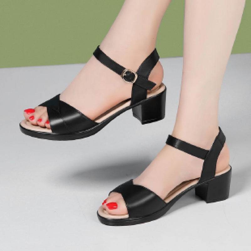 Mid Heel 3-5cm Chunky Heel Open Toe Rubber Sandals Ankle-strap Buckle PU - MYLUXURY LANE ENTERPRISE
