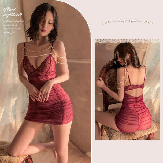 Pearl Chain Pleated Gauze Hip Nightdress - MYLUXURY LANE ENTERPRISE