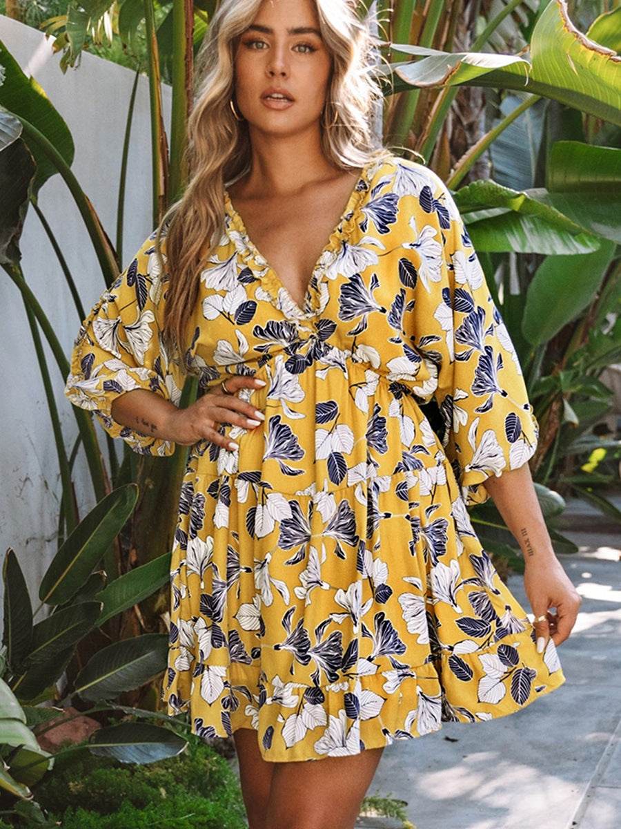 Floral Printed V-neck Female Butterfly Sleeve Chiffon Dress - MYLUXURY LANE ENTERPRISE