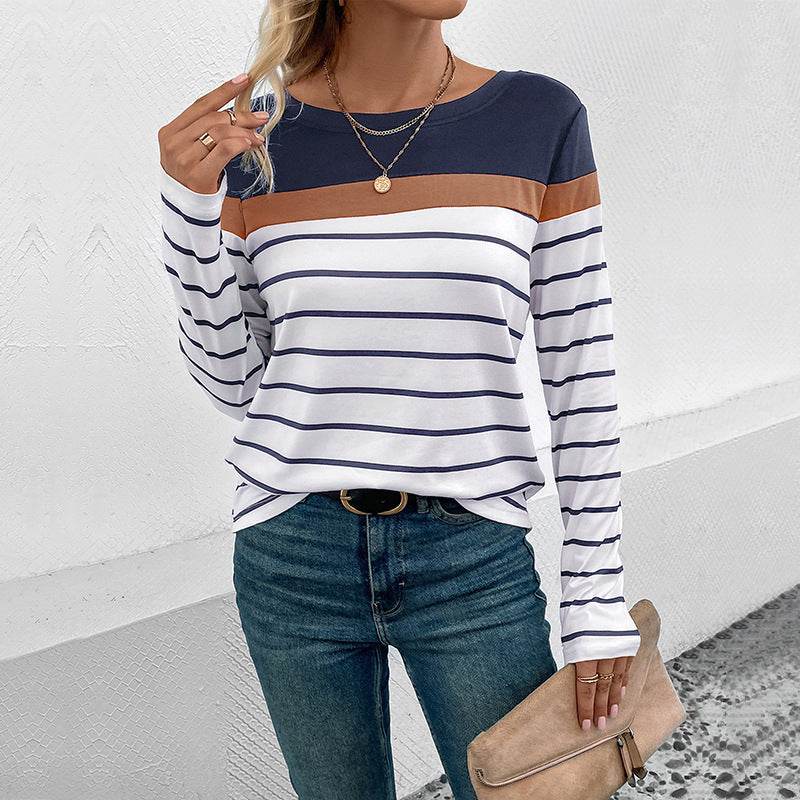 Leisure Top Pullover Patchwork Round Neck Long-sleeved Striped T-shirt - MYLUXURY LANE ENTERPRISE