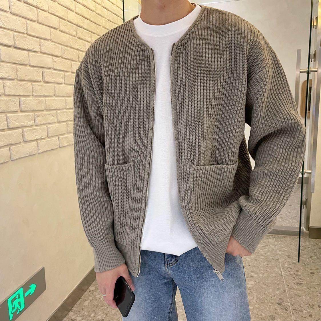 Men Zip Up Knitted Cardigan Lined Funnel Neck Jumper Sweater Pockets Coat All Seasons Comfortable Soft Long Sleeve - MYLUXURY LANE ENTERPRISE