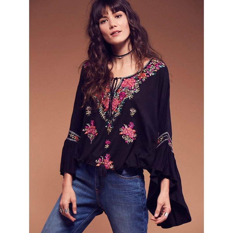 Women's Bohemian V-neck Lace-up Embroidered Top - MYLUXURY LANE ENTERPRISE