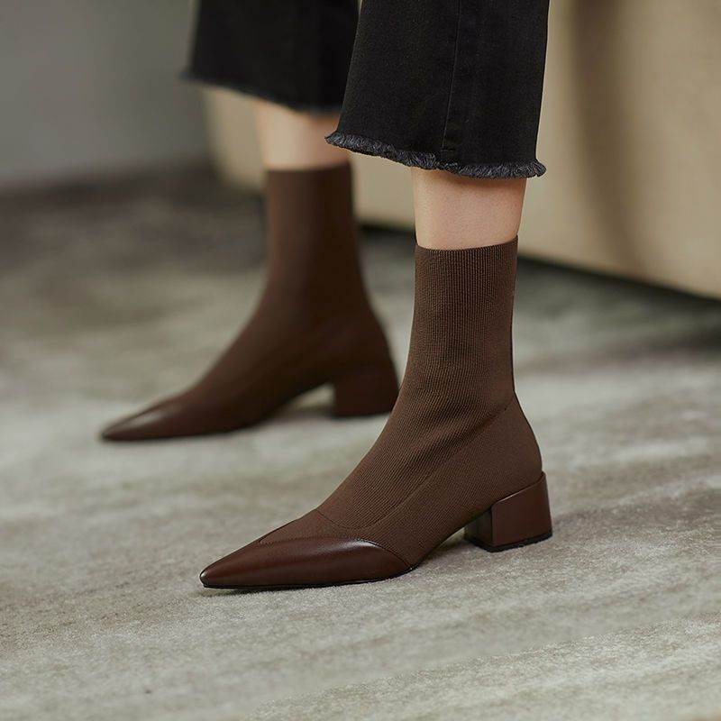 Women's Fashion Woolen Yarn Boots Pointed Chunky Heel Short Boots - MYLUXURY LANE ENTERPRISE