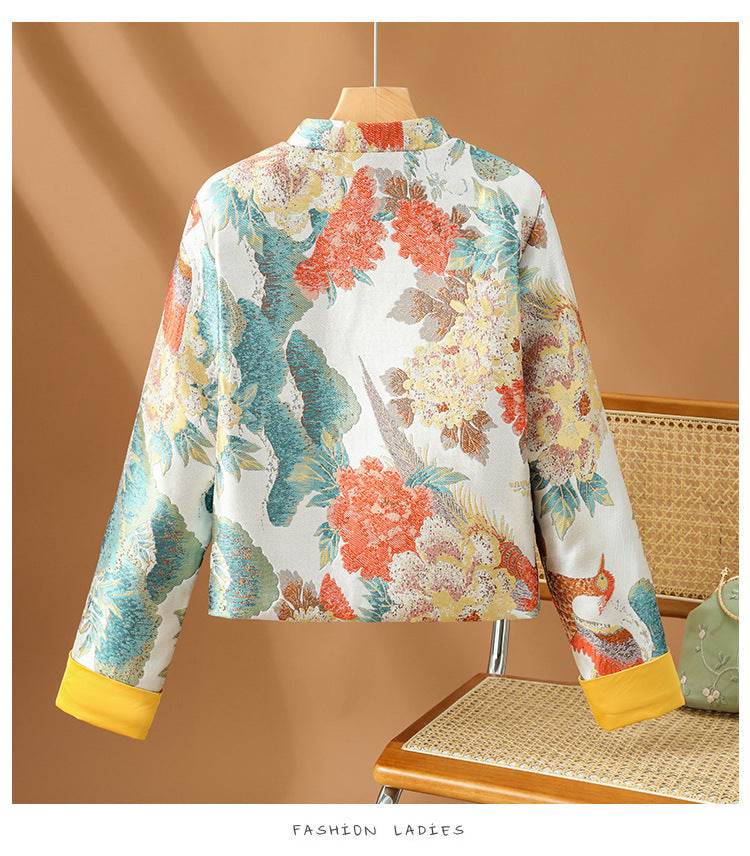 For The Sake Of Beauty Jacquard Buckle Round Neck Vintage Coat - MYLUXURY LANE ENTERPRISE