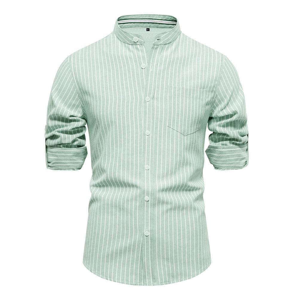 Spring And Summer Slim Stand Collar Shirt Men's Cotton And Linen Stripes Long Sleeve Shirt - MYLUXURY LANE ENTERPRISE
