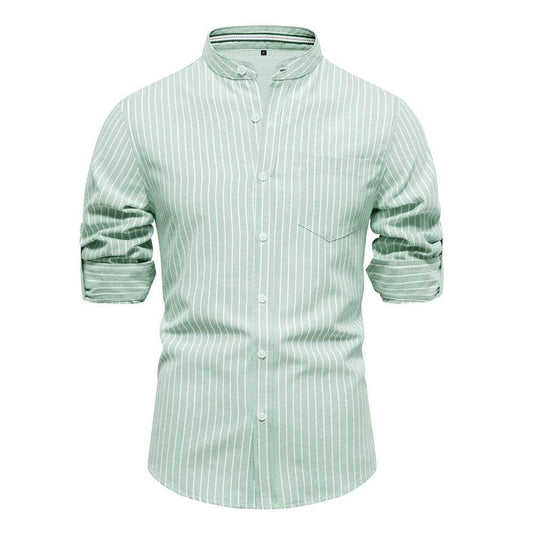 Spring And Summer Slim Stand Collar Shirt Men's Cotton And Linen Stripes Long Sleeve Shirt - MYLUXURY LANE ENTERPRISE