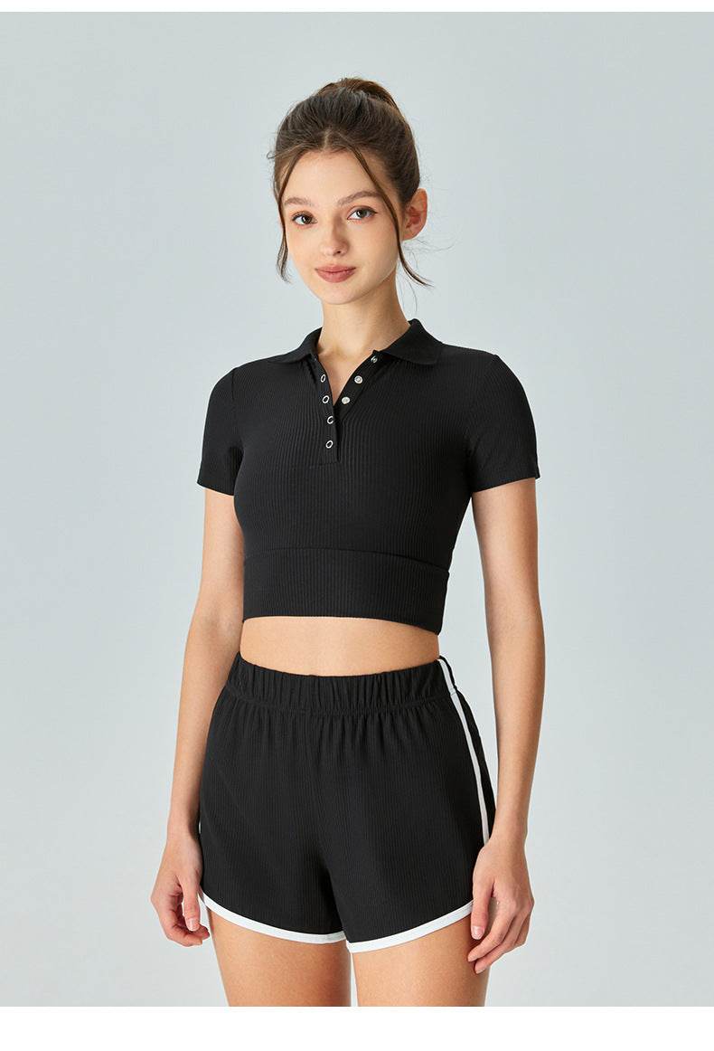 Shoulder Polo Collar Yoga Short-sleeved T-shirt - MYLUXURY LANE ENTERPRISE