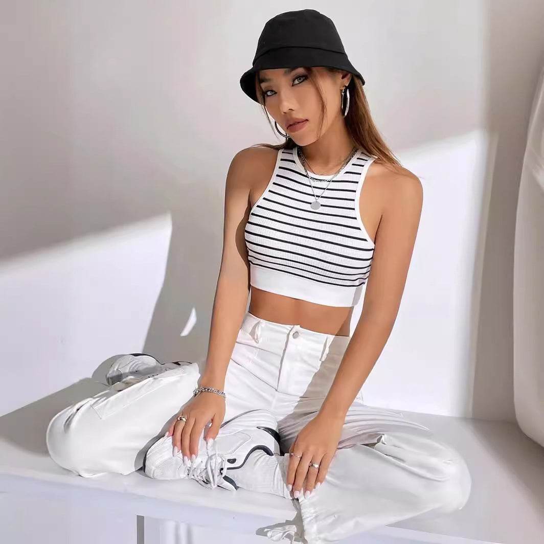 Black And White Striped Short Style Outer Wear Slim Sleeveless Vest - MYLUXURY LANE ENTERPRISE