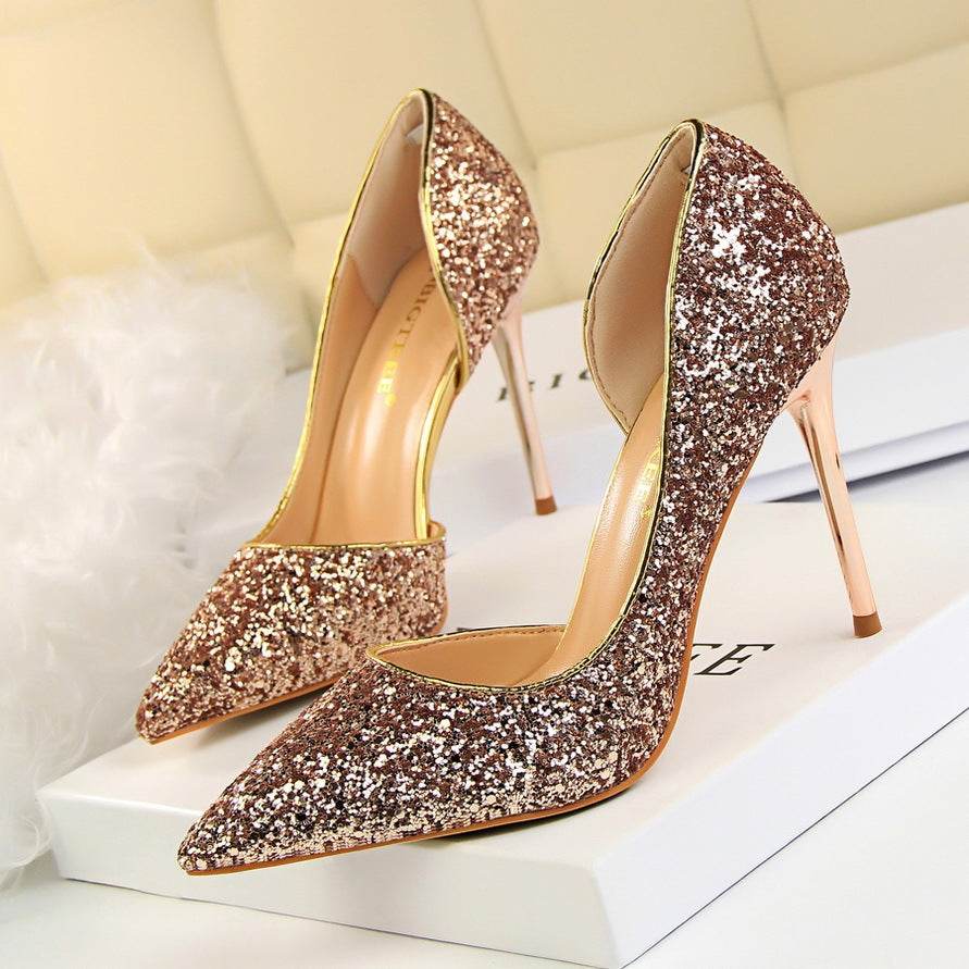Skinny Women's Shoes Stiletto Heel Shallow Mouth Pointed Side Hollow-out Sequin - MYLUXURY LANE ENTERPRISE