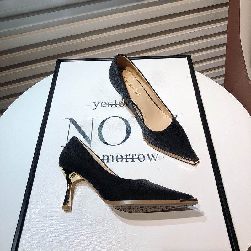 French High Heels Women's Spring New Fashion Metal Pointed Low-cut Stiletto Heel - MYLUXURY LANE ENTERPRISE