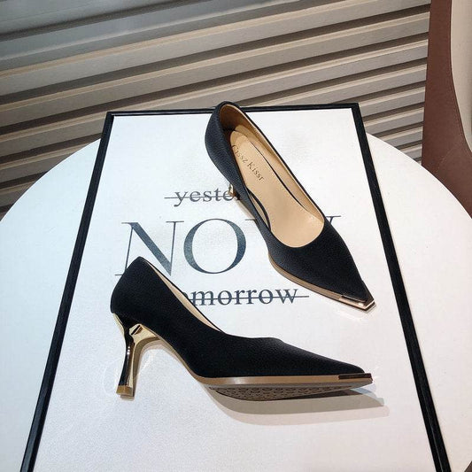 French High Heels Women's Spring New Fashion Metal Pointed Low-cut Stiletto Heel - MYLUXURY LANE ENTERPRISE